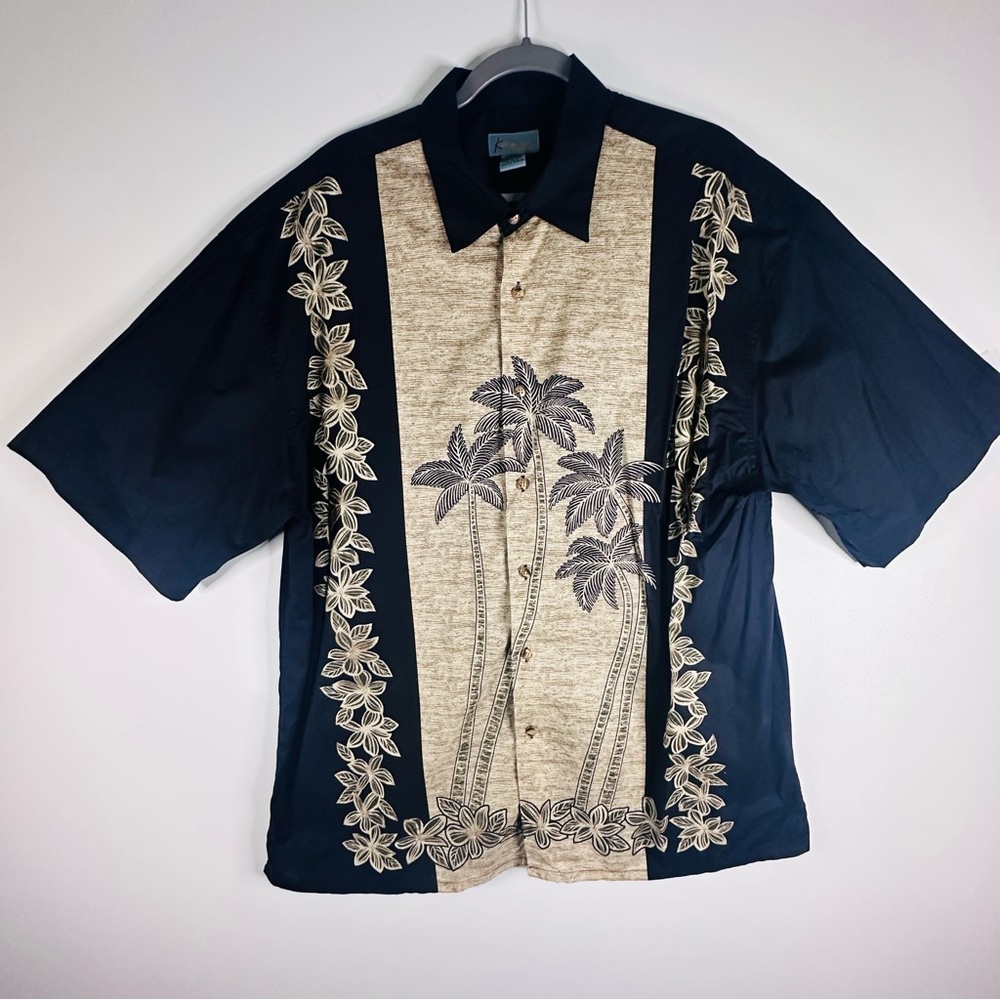 Kaylua Bay Men’s Black & Tan Tropical Palm Tree Camp Button Down Cotton Shirt XL